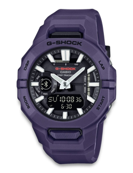 Lila Casio G-Shock Uhr mit analogen Zeigern, digitalem Display, Bluetooth und Schrittzähler.