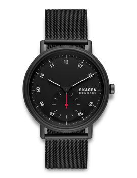 Moderne Uhr mit schwarzem Zifferblatt, weißen und roten Zeigern und Milanaise-Armband.