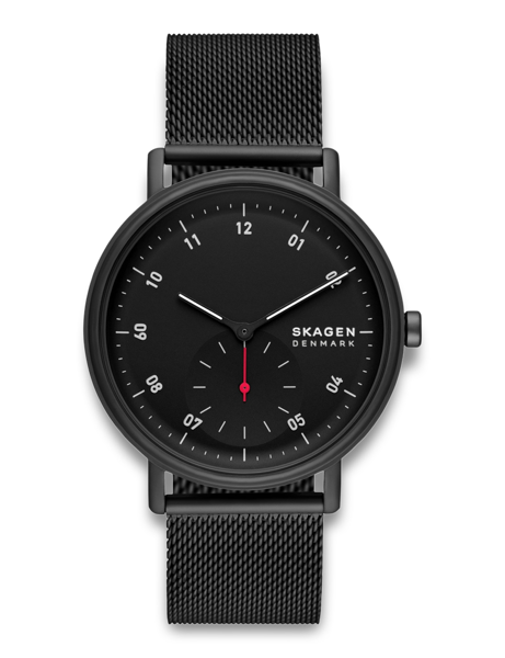 Moderne Uhr mit schwarzem Zifferblatt, weißen und roten Zeigern und Milanaise-Armband.
