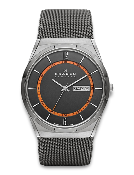 Schwarzes Zifferblatt, orange Akzente, Datumsanzeige zeigt 25. März, graues Armband.