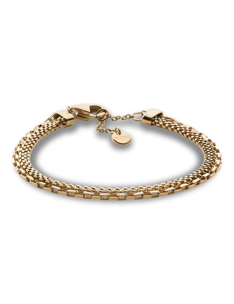 Armband mit doppellagigem Design in Goldton, gemischten Ketten und kleinem Anhänger.
