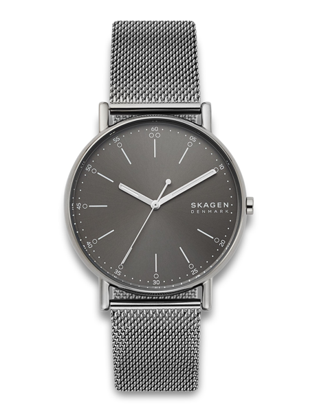 Skagen SKW6577 Uhr mit grauem Zifferblatt, minimalistischem Design, klaren Zeigern und Netzarmband.