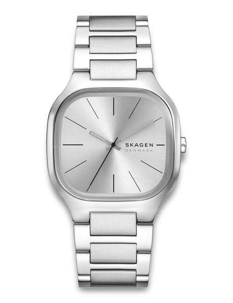 Skagen Herrenuhr mit quadratischem, silbernem Zifferblatt, Metallarmband und klaren Stundenmarkierungen.