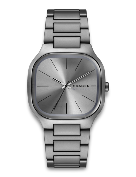 Quarzuhr von Skagen mit quadratischem Zifferblatt und silberfarbenem Metallarmband.