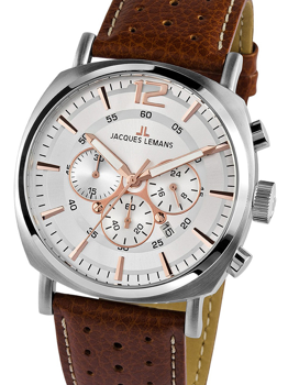 Jacques Lemans Chronograph mit weißem Zifferblatt, roségoldenen Akzenten und braunem Lederarmband.