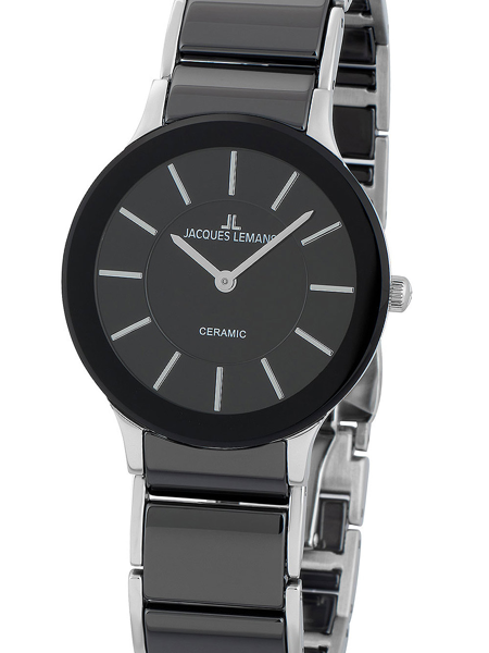 Jacques Lemans Damenarmbanduhr, schwarzes Zifferblatt, silberne Markierungen, silber-schwarzes Armband.