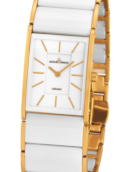 Damenarmbanduhr mit rechteckigem Zifferblatt, goldenen Details, weißem Keramikarmband und Goldgehäuse.