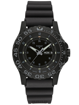 Schwarzes Zifferblatt mit Leuchtzeigern, Datumsanzeige und schwarzem Armband.