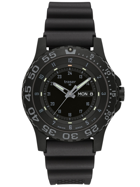 Schwarzes Zifferblatt mit Leuchtzeigern, Datumsanzeige und schwarzem Armband.