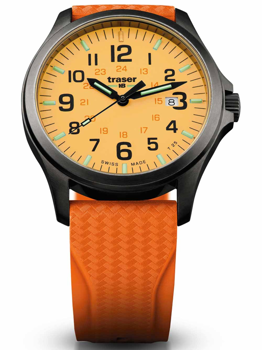 Schwarzes Gehäuse, orange Zifferblatt, Datumsfenster bei 3 Uhr, orange strukturiertes Armband.