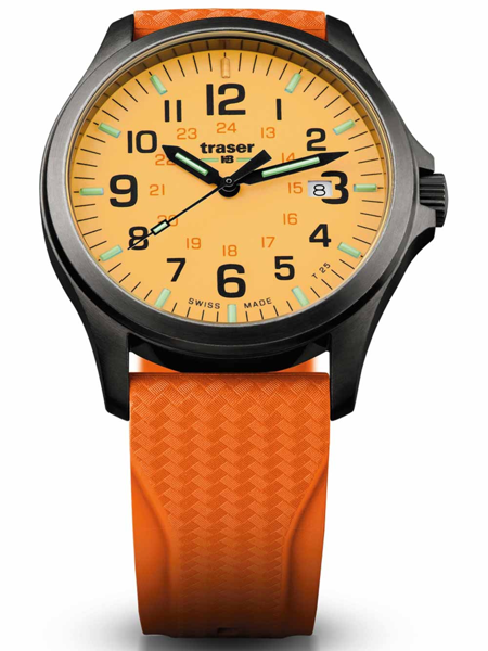 Schwarzes Gehäuse, orange Zifferblatt, Datumsfenster bei 3 Uhr, orange strukturiertes Armband.