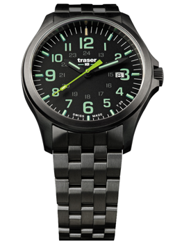 Schwarzes Zifferblatt, grüne Ziffern/Zeiger, Metallarmband, Datumsfenster bei 3 Uhr.