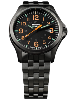 Schwarzes Zifferblatt, orange Zahlen, Datumsanzeige bei 3 Uhr, "SWISS MADE", Metallarmband.