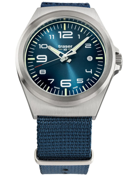 Blaues Zifferblatt, weiße Ziffern, Datumsanzeige bei 3 Uhr, blauer Textilarmband.