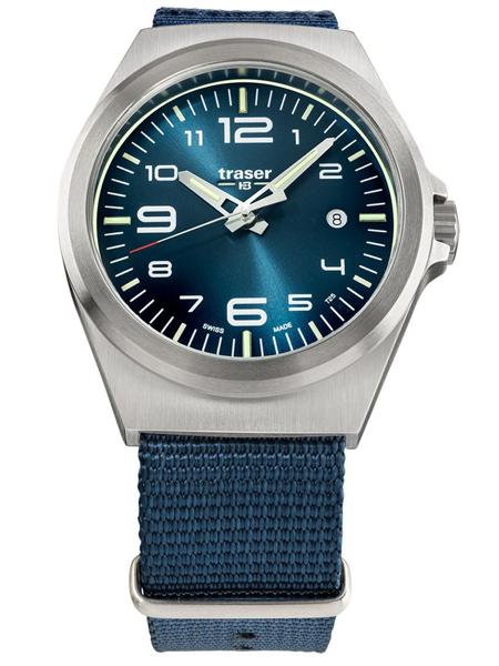 Blaues Zifferblatt, weiße Ziffern, Datumsanzeige bei 3 Uhr, blauer Textilarmband.