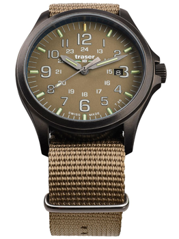 Khaki Ziffernblatt, 12/24-Stunden-Anzeige, Datum bei 3 Uhr, khaki Armband, schwarze Lünette.