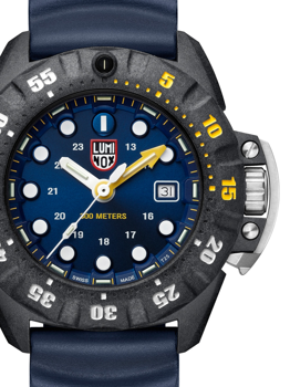 Luminox Uhr, blaues Zifferblatt, Datumsfenster rechts, Minutenskala auf Lünette, 300 Meter wasserdicht.