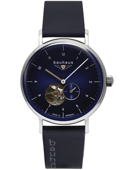 Bauhaus Herrenuhr, blaues Zifferblatt, offenes Design, sichtbares Uhrwerk, "Made in Germany".