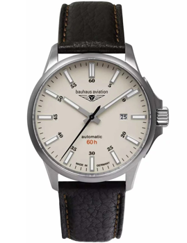 Bauhaus 2864-5 Herrenuhr, helles Zifferblatt mit schwarzem Lederarmband, Text "automatic 60 h".
