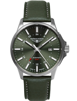Grüne Uhr mit Datumsanzeige bei 3 Uhr, "automatic GMT" Schriftzug, grünes Armband.