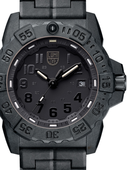 Schwarze Luminox-Uhr mit großen Ziffern, drehbarer Lünette und Datumsfenster rechts.