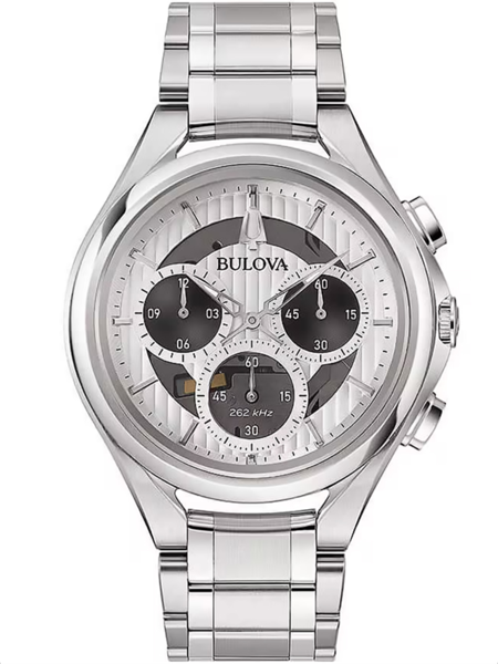 Bulova Herrenchronograph mit Metallarmband, Markenzeichen auf dem Zifferblatt, mehrere Zifferblätter.
