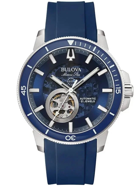 Bulova 96A303 Marine Star Uhr, blaues Zifferblatt mit sichtbaren Zahnrädern und blauer Lünette.