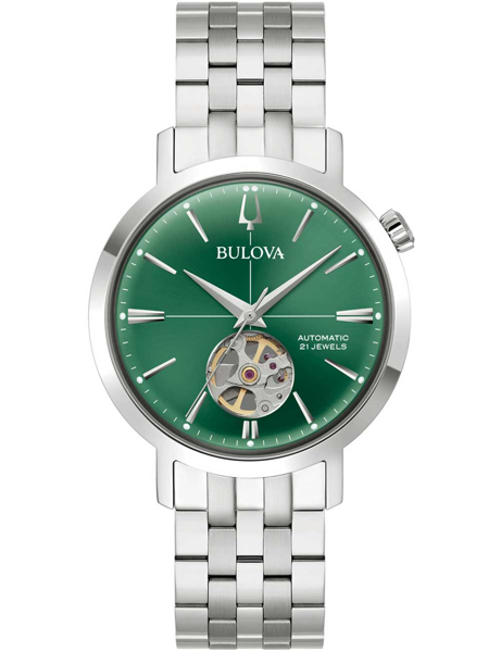 Grüne Bulova-Uhr mit offenem Herz-Design, Metallarmband, "Automatic" und "21 Jewels" auf Zifferblatt.
