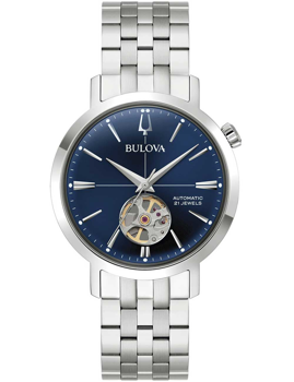 Blaue Zifferblatt-Uhr mit offenem Herzdesign, Metallarmband, Bulova-Logo und "Automatic 21 Jewels".