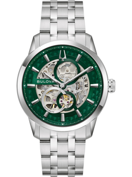 Bulova 96A329 Herrenuhr, grünes Zifferblatt, sichtbares Uhrwerk, silbernes Metallarmband.