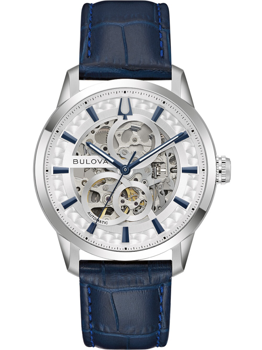 Skelettuhr mit blauem Krokodillederarmband, sichtbare Mechanik und Beschriftung "Bulova Automatic".