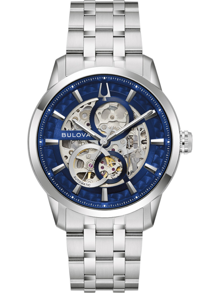 Die Bulova 96A331 Uhr mit blauem Zifferblatt, sichtbarem Uhrwerk und Metallarmband.