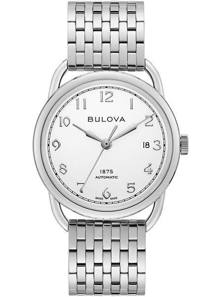 Runde Bulova-Uhr mit weißem Zifferblatt, metallischem Armband, Datum bei 3 Uhr, elegante Optik.
