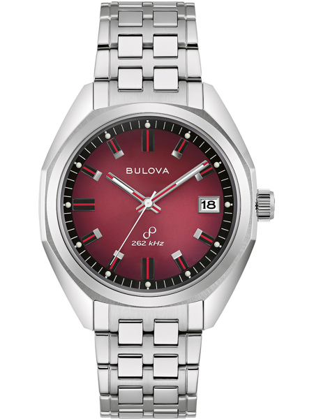 Rotes Zifferblatt mit "Bulova", Datumsanzeige rechts, Metallarmband mit rechteckigen Gliedern.