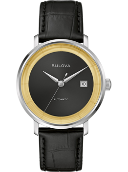 Schwarzes Zifferblatt, goldener Ring, Datumsfenster bei 3 Uhr, Lederarmband, "Bulova" und "Automatic".