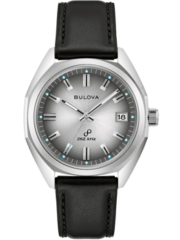 Bulova 96B414 Jet Star Herrenuhr, silbernes Zifferblatt, Datumsanzeige, schwarzes Armband.