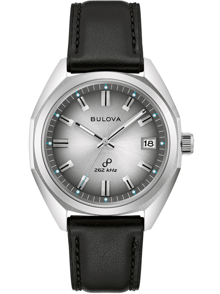 Bulova 96B414 Jet Star Herrenuhr, silbernes Zifferblatt, Datumsanzeige, schwarzes Armband.