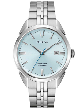 Bulova Uhr mit blauem Zifferblatt, Datumsanzeige, silbernen Zeigern und Gliederarmband.