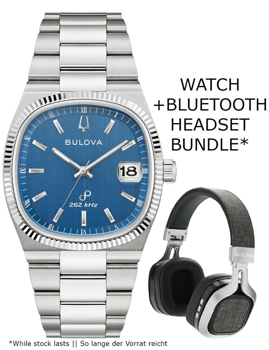 Bulova Uhr mit blauem Zifferblatt, Datum bei 3 Uhr, inkl. Bluetooth-Headset-Bundle.