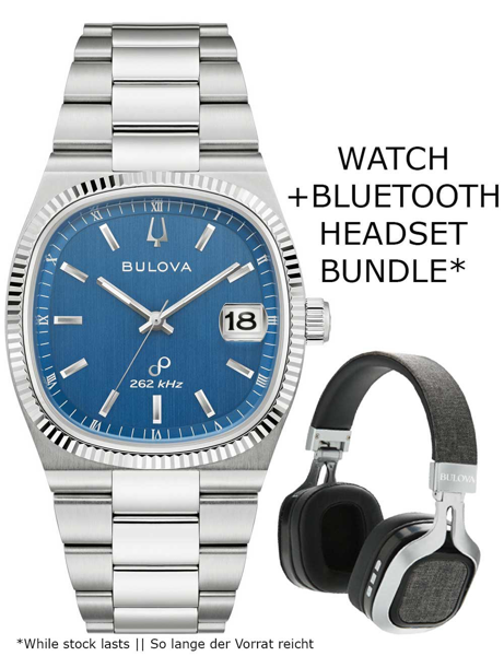 Bulova Uhr mit blauem Zifferblatt, Datum bei 3 Uhr, inkl. Bluetooth-Headset-Bundle.