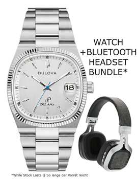 Bulova 96B444 Uhr mit silbernem Zifferblatt, Datum, 262 kHz, geriffeltem Rand und Headset-Bundle.