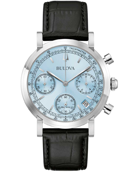 Bulova Herrenuhr mit blauem Zifferblatt, Hilfszifferblättern, Datum und Tachymeter auf Lederarmband.
