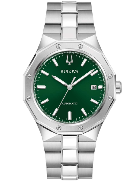 Grüne Zifferblattuhr mit silbernen Markierungen, Datumsfenster bei 3 Uhr, achteckiges Gehäuse.