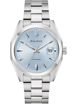 Silberne Bulova-Uhr mit hellblauem Zifferblatt, Datum bei 3 Uhr, Automatikwerk.