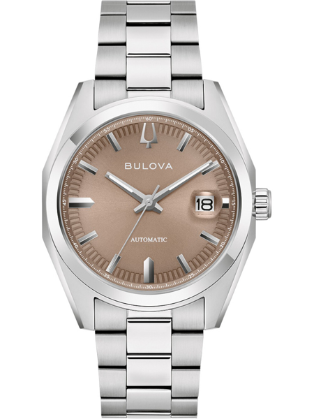 Runde Bulova-Uhr, Datumsfenster bei 3 Uhr, Metallarmband, bronzefarbenes Zifferblatt.