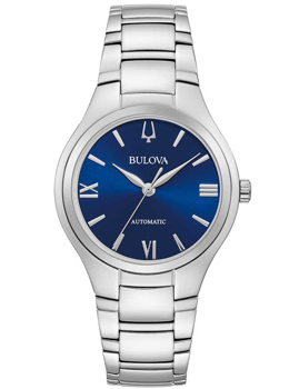 Bulova Damenarmbanduhr mit blauem Zifferblatt, silbernen Zeigern, "Automatic" und Metallarmband.