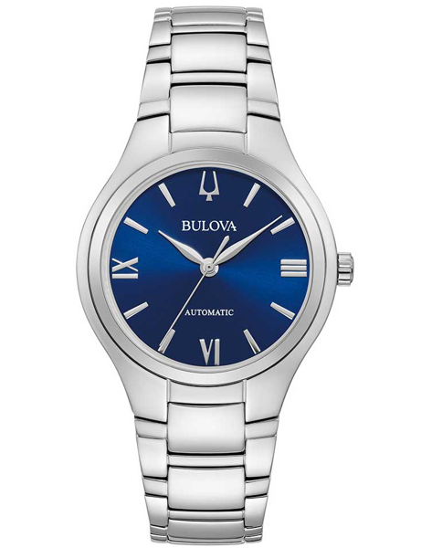 Bulova Damenarmbanduhr mit blauem Zifferblatt, silbernen Zeigern, "Automatic" und Metallarmband.
