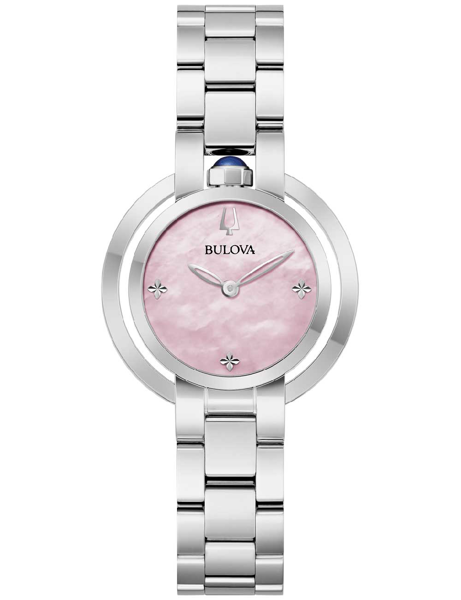 Bulova Damenarmbanduhr mit pinkem Zifferblatt, silbernem Armband und blauem Stein auf der Krone.