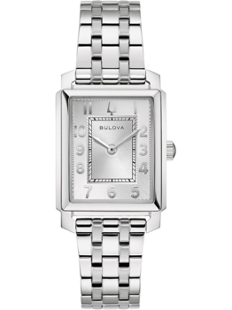 Rechteckige Uhr mit metallischem Armband, Sonnenstrahlzifferblatt und arabischen Ziffern.