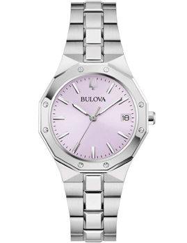 Runde Bulova-Uhr mit silbernem Armband, geometrischem Design und lila Zifferblatt, Datumsanzeige.